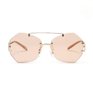 Stylish irregular rimless sunglasses featuring a metal double bridge and light tinted lenses.
