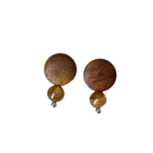 Elegant vintage handmade brown wood and natural stone stud earrings for women jewelry