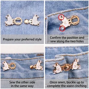 Bunny-shaped metal waist tightening clips for jeans, four-step sewing instruction guide.