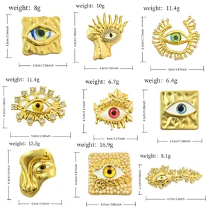 Specification chart for unique gold-plated evil eye brooches with size and weight details