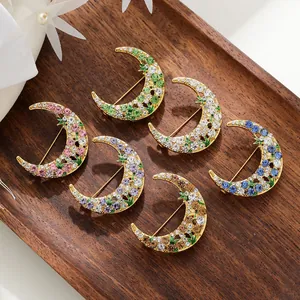 European Fashion Alloy Rhinestone Moon Brooch Pin For Women Inlaid Colorful Crystal Exquisite Anti-exposure Suit Corset Accessories