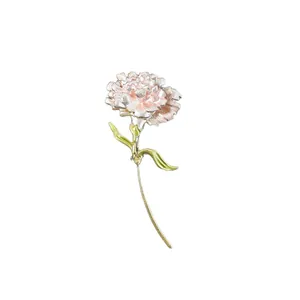 Elegant pink enamel carnation flower brooch pin with green stem and silver edges