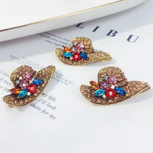 Creative vintage hat-shaped brooches with colorful rhinestones jewelry accessory.