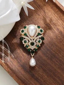 Broche élégante de style vintage français avec cristaux vert émeraude et perles gouttes