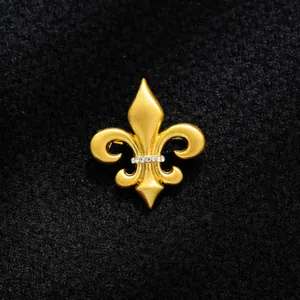 Elegant gold Fleur-de-lis lapel pin brooch with rhinestone inlay for men's suits