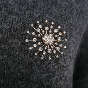 Macro detail of a sparkling snowflake brooch with rhinestones on a grey knit sweater