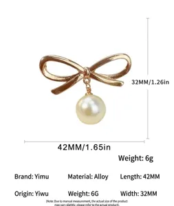 Dimensioni dettagliate della spilla con perla a fiocco di 42mm per 32mm in lega dorata