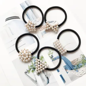 Korean Style Alloy Artificial Pearl Rhinestone Hair Tie Elegant Geometric Bow Knot Elastic Hair Band For Women Jewelry