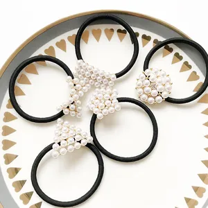 Set of Korean style black elastic hair ties with elegant faux pearl and rhinestone accents