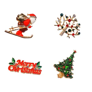 Set mit 4 festlichen Weihnachtsbroschen aus Legierung mit Weihnachtsmann und Tannenbaum