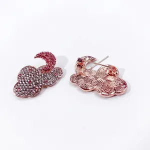 Cute moon and cloud brooch with pink and white rhinestones, rose gold metal base