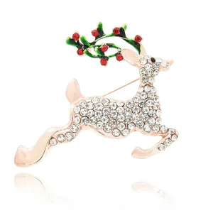 Eleganter springender Weihnachts-Rentier-Anstecknadel mit Strass und grünem Emaille-Geweih