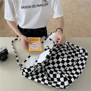 Large minimalist black and white checkered canvas tote bag for women students daily use