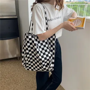 Chic black and white checkerboard canvas tote bag for women with large capacity