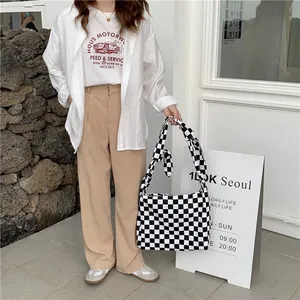 Large capacity black and white checkered canvas tote bag for chic Korean style outfit