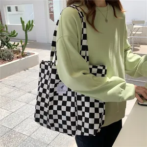 Large checkerboard pattern canvas tote bag for women minimalist student shoulder bag