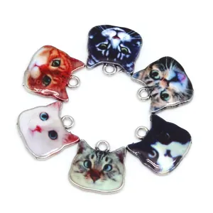 Collection of alloy cat head charms with realistic colorful enamel feline faces