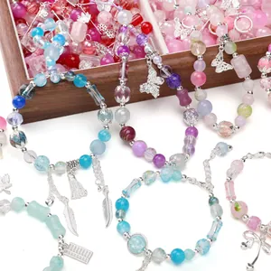 Handmade mixed glass bead bracelets with butterfly and feather alloy charms for jewelry DIY