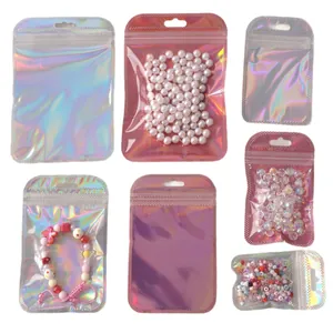 Iridescent holographic PVC ziplock bags for jewelry storage available in various sizes