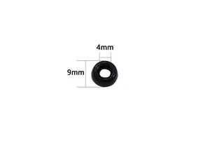 Detail view of black acrylic bead showing 4mm inner and 9mm outer diameter dimensions