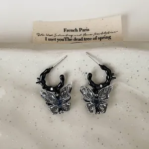 Dark Cool Liquid Metal Style Resin Butterfly Stud Earrings For Women With 925 Sterling Silver Earring Post Rhinestone Inlaid Fashion Jewelry