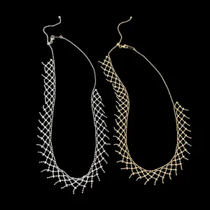 Detailed view of two unique lace mesh beaded necklaces in gold and silver finishes