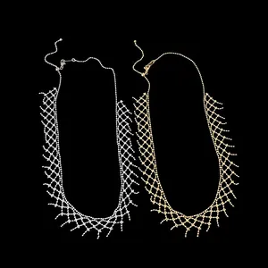 Detailed view of delicate gold and silver beaded mesh lace necklaces for women.