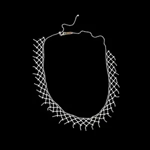 Detailed view of an intricate silver-tone mesh net lace choker necklace on a black background.