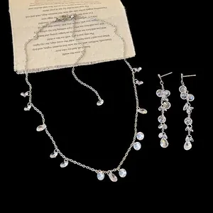 Elegant zircon tassel necklace and earrings jewelry set for women with crystals