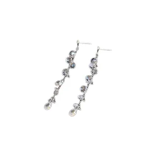 Elegant silver long tassel drop earrings with sparkling clear cubic zirconia crystals