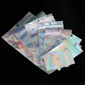 Holographic Laser PET Aluminum Foil Ziplock Bag For Jewelry DIY Packaging Resealable Plastic Bag With Hanging Hole