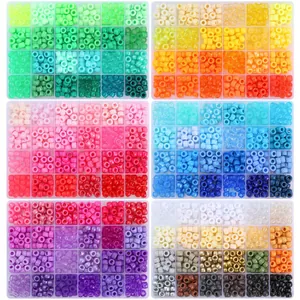 Lot de 6 boîtes de 24 compartiments avec perles cylindriques 9x6mm colorées