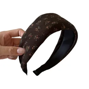 Vintage dark brown floral wide padded headband for women, stylish forest style hair accessory