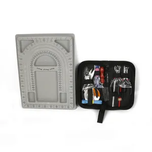 Detailed view of the grey flocked bead design board alongside a full DIY jewelry tool kit.