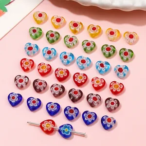 Close-up of colorful Millefiori heart glass beads for DIY jewelry making accessories