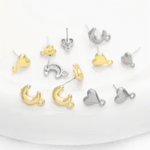 Heart and crescent moon shaped alloy earring studs with loops for DIY jewelry making