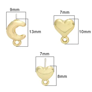 Gold alloy earring studs in heart and crescent moon shapes for DIY jewelry making findings