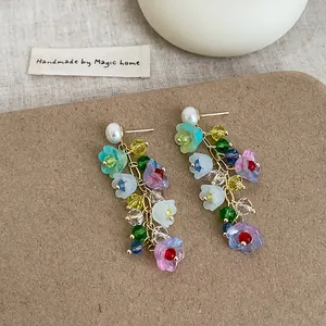 Handmade colorful lily of the valley flower crystal tassel drop earrings for women