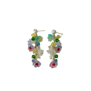 Colorful crystal lily of the valley floral tassel stud earrings with sweet style