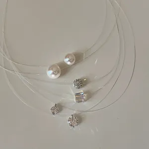 Minimalist Invisible Fishing Line Necklace For Women Cubic Zirconia Artificial Pearl Pendant Clavicle Chain Versatile Temperament Fashion Neck Chain
