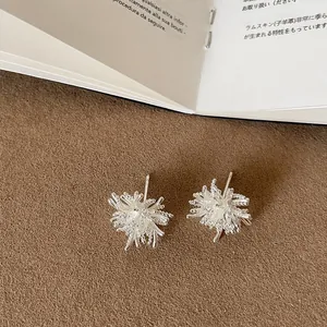 Detailed macro shot of elegant silver firework-shaped stud earrings with small crystals.