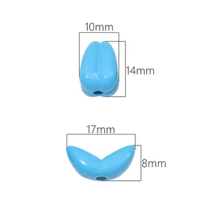 Vue détaillée montrant les dimensions 10mm et 17mm des perles tulipes en acrylique bleu