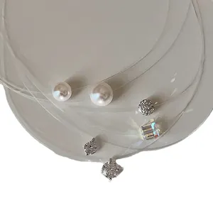 Minimalist invisible fishing line necklace with various zircon and pearl pendants for women