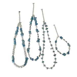 Aquamarijn natuursteen en zilveren kralen ketting en armband set met verlengketting