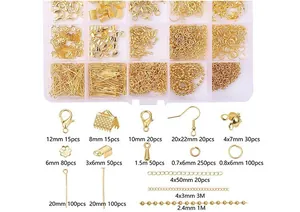 Detailed view of gold jewelry making kit with 15 compartments and labeled components