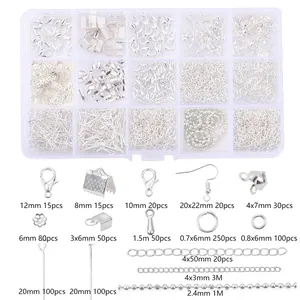 15-grid silver jewelry making kit with lobster clasps, earring hooks, and chains for DIY