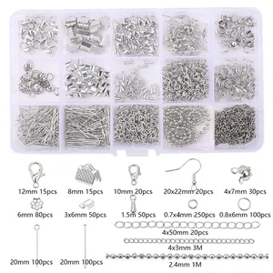 15-grid silver jewelry findings kit with lobster clasps and chains for DIY jewelry