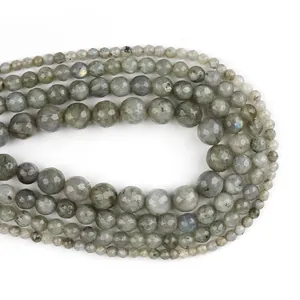 Close-up of faceted natural labradorite beads with shimmering blue labradorescence