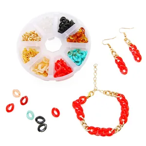 DIY jewelry kit with colorful acrylic chain links and earring hooks in 8-compartment box.