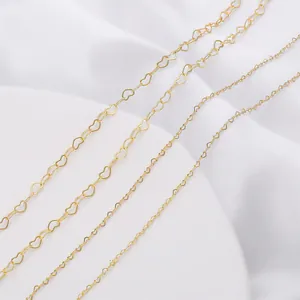 Detailed view of 14K gold plated heart shape copper chains for DIY jewelry making projects